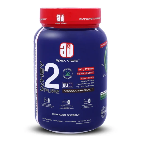 Apex Vitals Whey 2 Pure - Grass-Fed Whey Made in EU | Isolate & Hydrolyzed | 30g Protein, 15g EAA + 8g BCAA | Digestive Enzymes | Muscle Build & Recovery |900g (2 lbs)