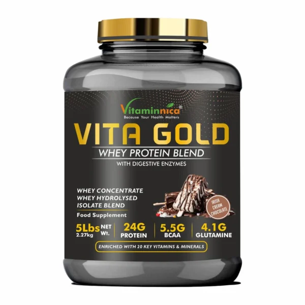 Vitaminnica Vita Gold 100% Whey Protein Powder- 5 Lbs (75 Servings) | UK Formulation with Digestive Enzymes