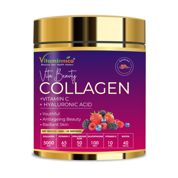 Vitaminnica Vita Beauty Collagen Powder (Type I & III) with Hyaluronic Acid, Glutathione, Vitamin C, Biotin & Vitamin E | For Glowing Skin & Anti-Aging - 30 servings