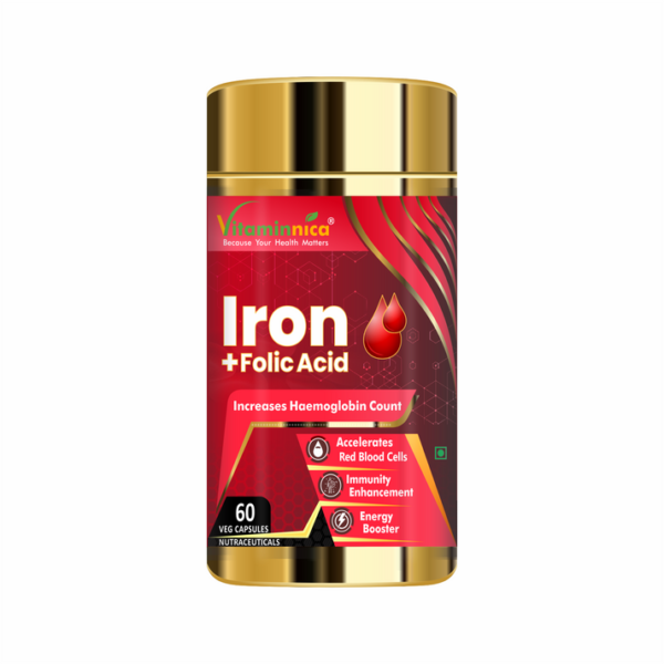 Vitaminnica Iron+Folic Acid- Boosts Energy, Haemoglobin and Immunity - 60 Capsules