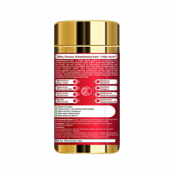 Vitaminnica Iron+Folic Acid- Boosts Energy, Haemoglobin and Immunity - 60 Capsules - Image 2