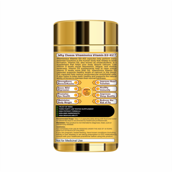 Vitaminnica Vitamin D3+K2 - Improves Dental, Bone Health & Immunity - 60 Capsules - Image 3