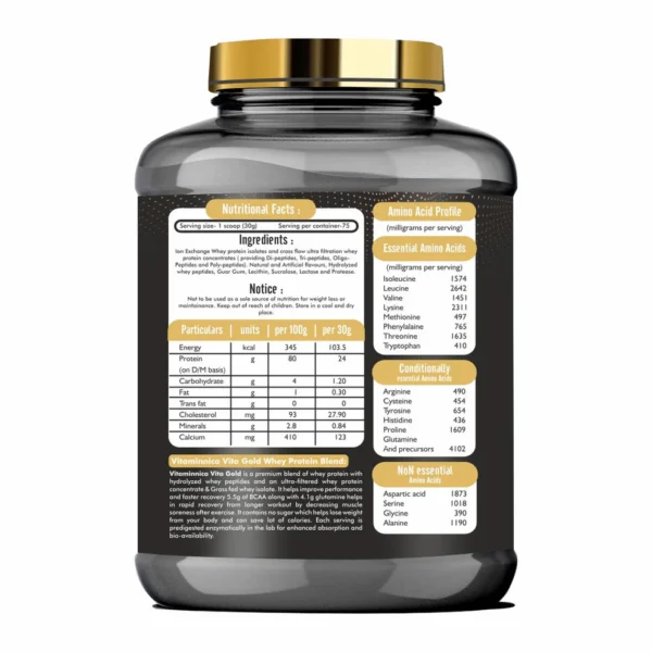 Vitaminnica Vita Gold 100% Whey Protein Powder- 5 Lbs (75 Servings) | UK Formulation with Digestive Enzymes - Image 2
