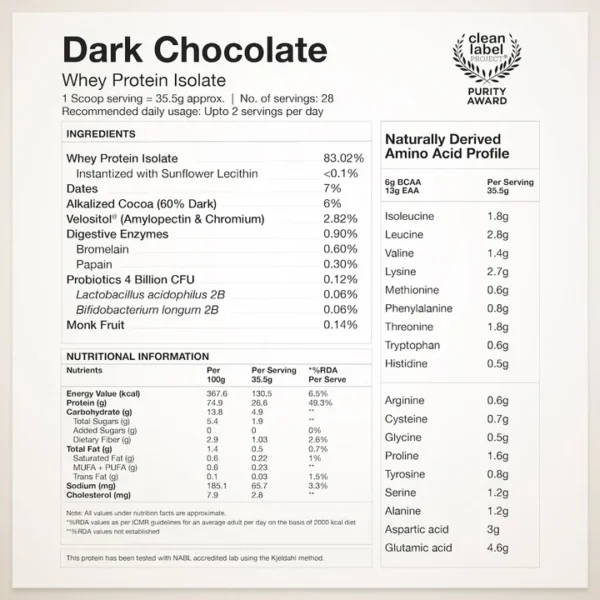 Whey Protein Isolate 26g | 1kg | 4B CFU Probiotics | Dark Chocolate - Image 2