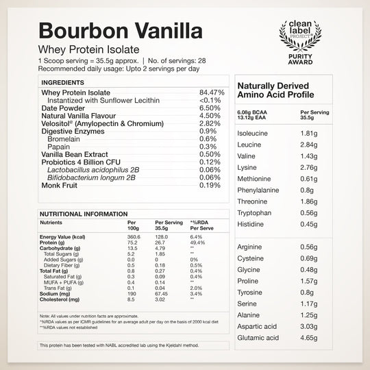 Whey Protein Isolate 26g | 1kg | 4B CFU Probiotics | Bourbon Vanilla - Image 3