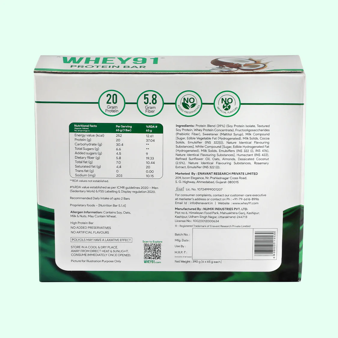 Whey91 Coconut Delight Protein Bars - 20g protein, 5.8g fibre (Pack of 6 bars) - Image 8