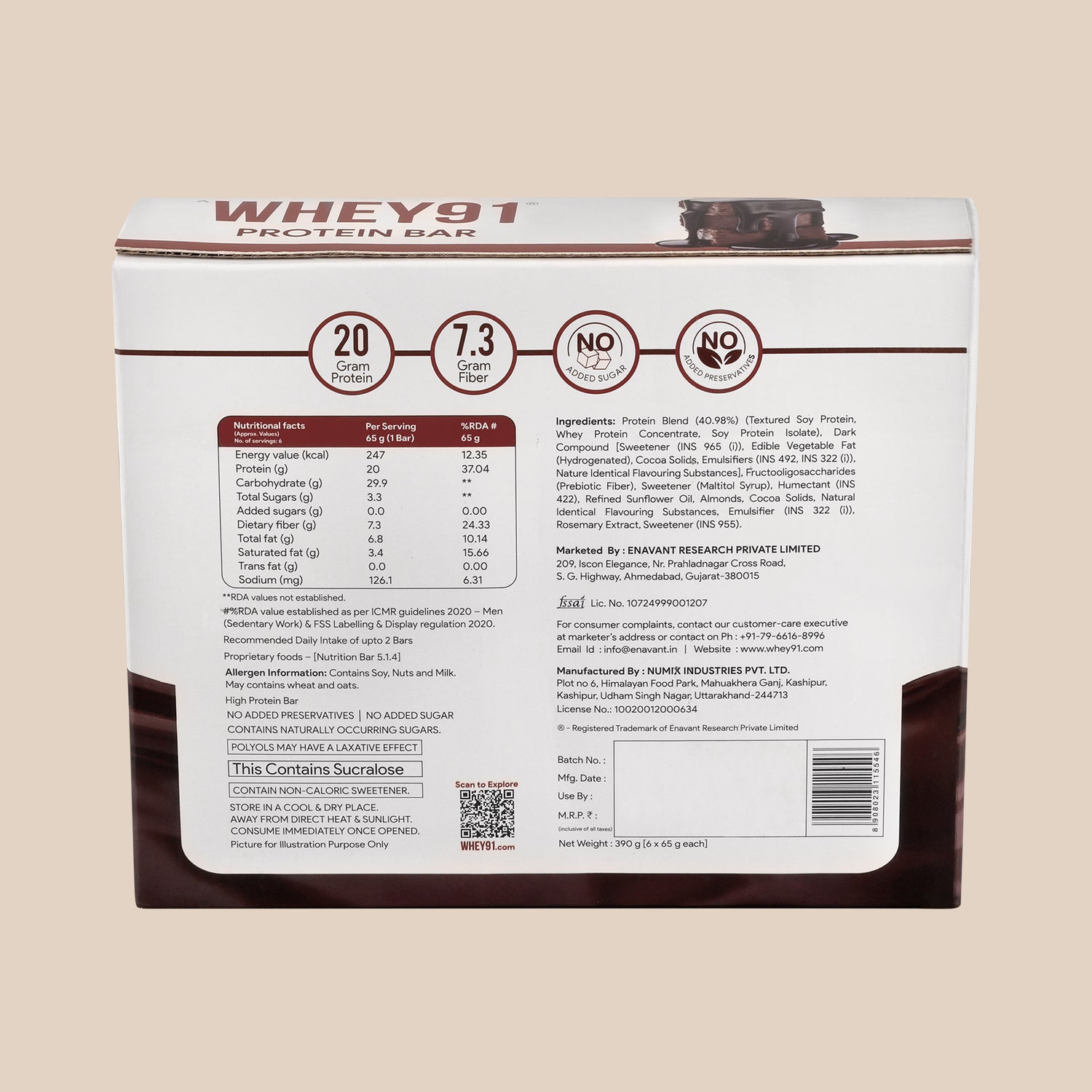 Whey91 Choco Fudge Protein Bars - 20g Protein 7.3 g Fibre (Pack of 6 bars) - Image 10