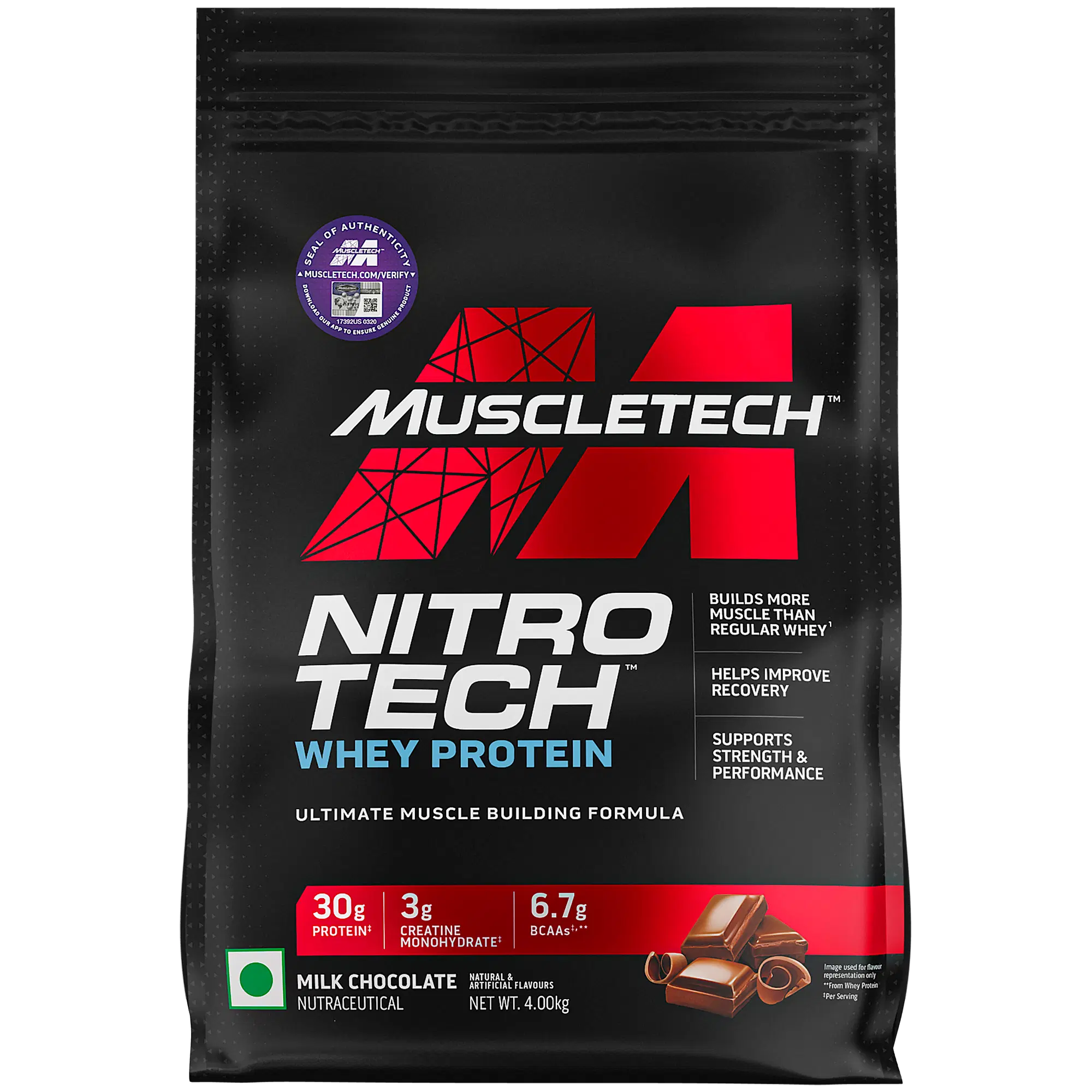 MuscleTech Nitrotech Whey Protein Powder 4kg | 89 Serving | 30g Protein | Milk Chocolate Flavour | Muscle | Recovery | Strength