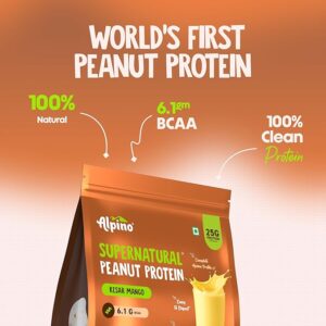 Alpino Supernatural Peanut Protein Powder Kesar Mango 1kg – 25g Plant Based Protein, 6.1g BCAAs, No Added Sugar, Vegan