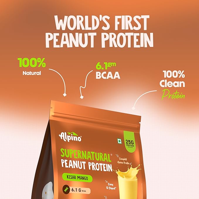 Alpino Supernatural Peanut Protein Powder Kesar Mango 1kg - 25g Plant Based Protein, 6.1g BCAAs, No Added Sugar, Vegan - Image 4