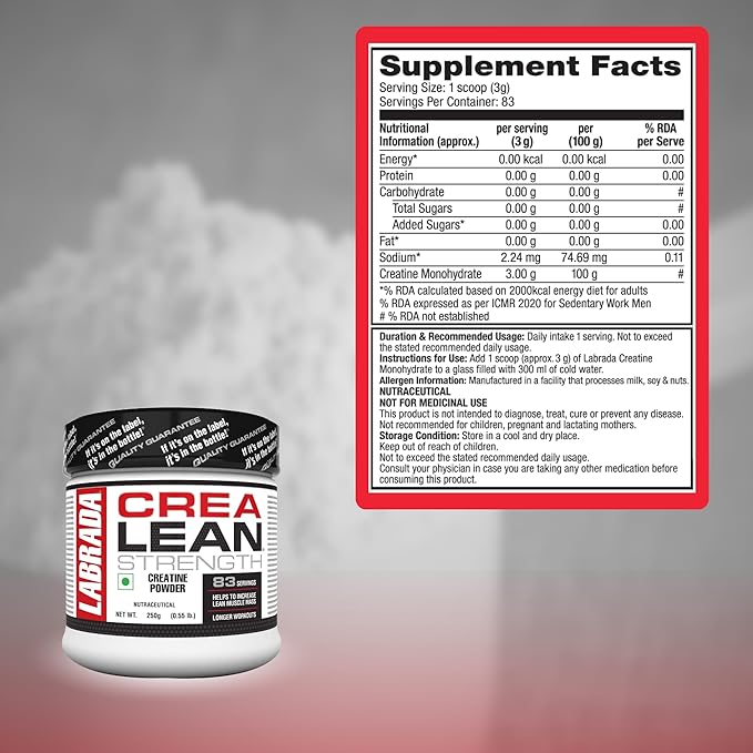 Labrada CreaLean Powder (Post Workout, Sustain longer workout, Muscle Repair & Recovery, 3g Creatine Monohydrate,For 83 Servings) - 0.55 lbs (250 gm) - Image 2