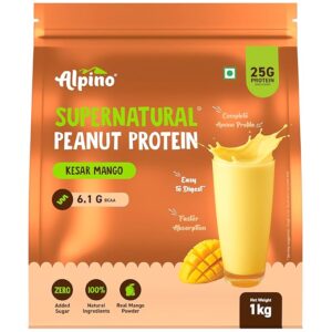 Alpino Supernatural Peanut Protein Powder Kesar Mango 1kg – 25g Plant Based Protein, 6.1g BCAAs, No Added Sugar, Vegan