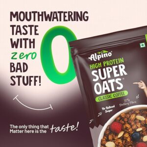 ALPINO 24% High Protein Super Oats Classic Coffee – Rolled Oats, Natural Peanut Butter, Coffee Extract, Jaggery Powder