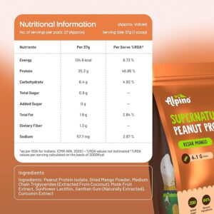Alpino Supernatural Peanut Protein Powder Kesar Mango 1kg – 25g Plant Based Protein, 6.1g BCAAs, No Added Sugar, Vegan