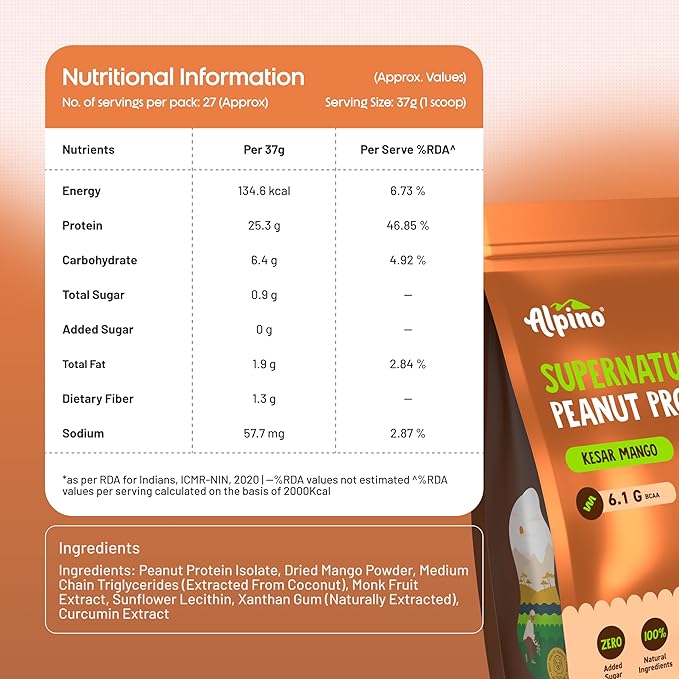 Alpino Supernatural Peanut Protein Powder Kesar Mango 1kg - 25g Plant Based Protein, 6.1g BCAAs, No Added Sugar, Vegan - Image 3