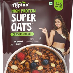 ALPINO 24% High Protein Super Oats Classic Coffee – Rolled Oats, Natural Peanut Butter, Coffee Extract, Jaggery Powder