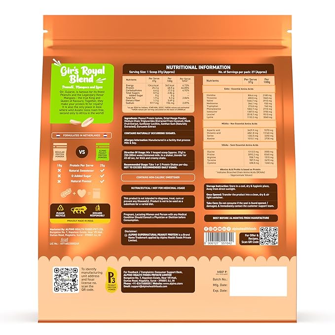 Alpino Supernatural Peanut Protein Powder Kesar Mango 1kg - 25g Plant Based Protein, 6.1g BCAAs, No Added Sugar, Vegan - Image 5