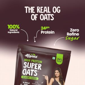 ALPINO 24% High Protein Super Oats Classic Coffee – Rolled Oats, Natural Peanut Butter, Coffee Extract, Jaggery Powder