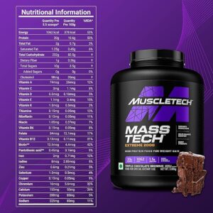 MuscleTech Veg Mass Gainer-Triple Chocolate Brownie (3Kg Powder(10 Servings)-MassTech Extreme 2000 High Protein Food For Weight Gainer (30g Protein, 1073 Kcal,1.5g Creatine & Added Vitamin,Minerals)