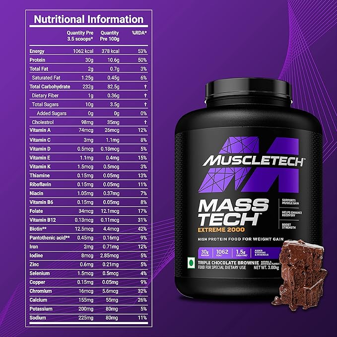 MuscleTech Veg Mass Gainer-Triple Chocolate Brownie (3Kg Powder(10 Servings)-MassTech Extreme 2000 High Protein Food For Weight Gainer (30g Protein, 1073 Kcal,1.5g Creatine & Added Vitamin,Minerals) - Image 4