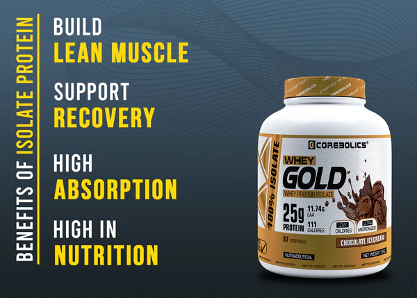 Corebolics Whey Gold - Isolate Protein (2 kg, 67 Servings) + FREE T-Shirt - Image 3